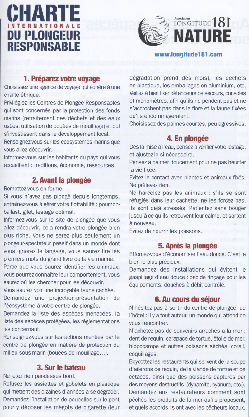 Charte du plongeur responsable. 